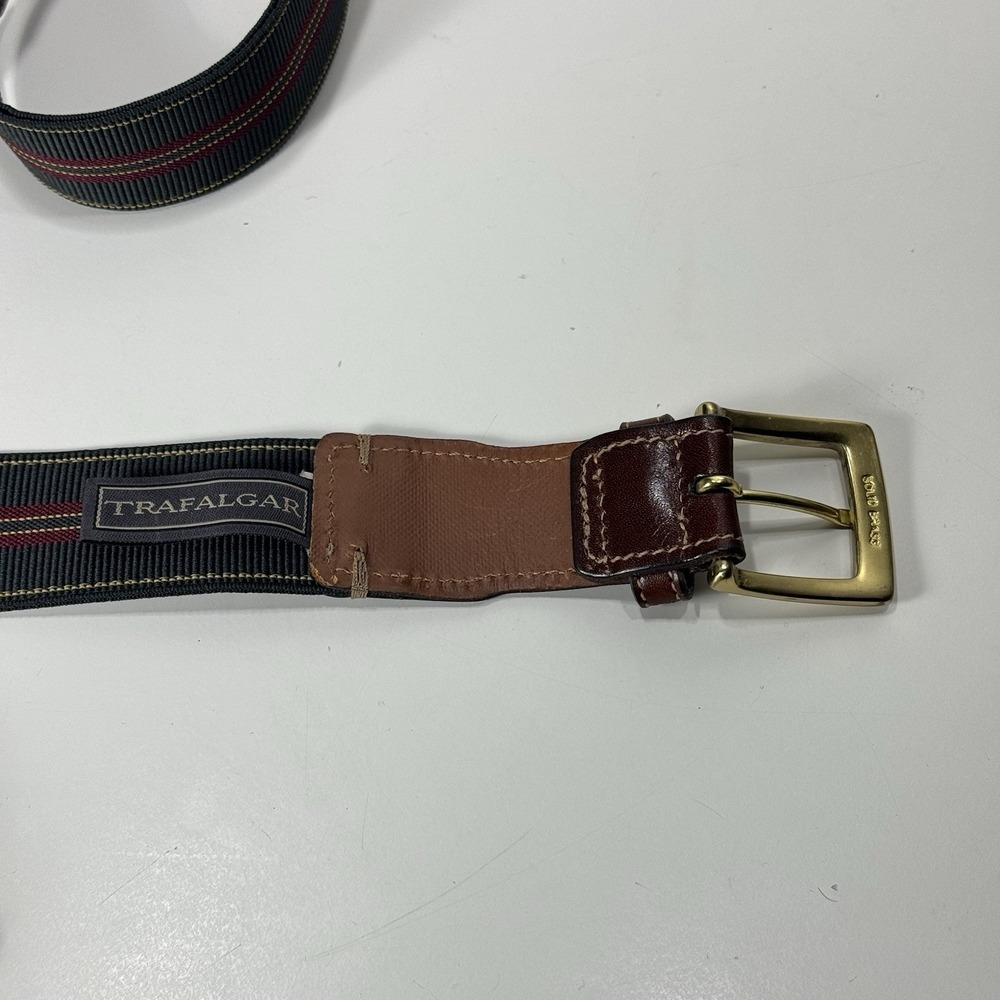 Trafalgar Green Striped Canvas Belt with Leather Tabs USA Mens 36 Brass Buckle - Picture 7 of 9